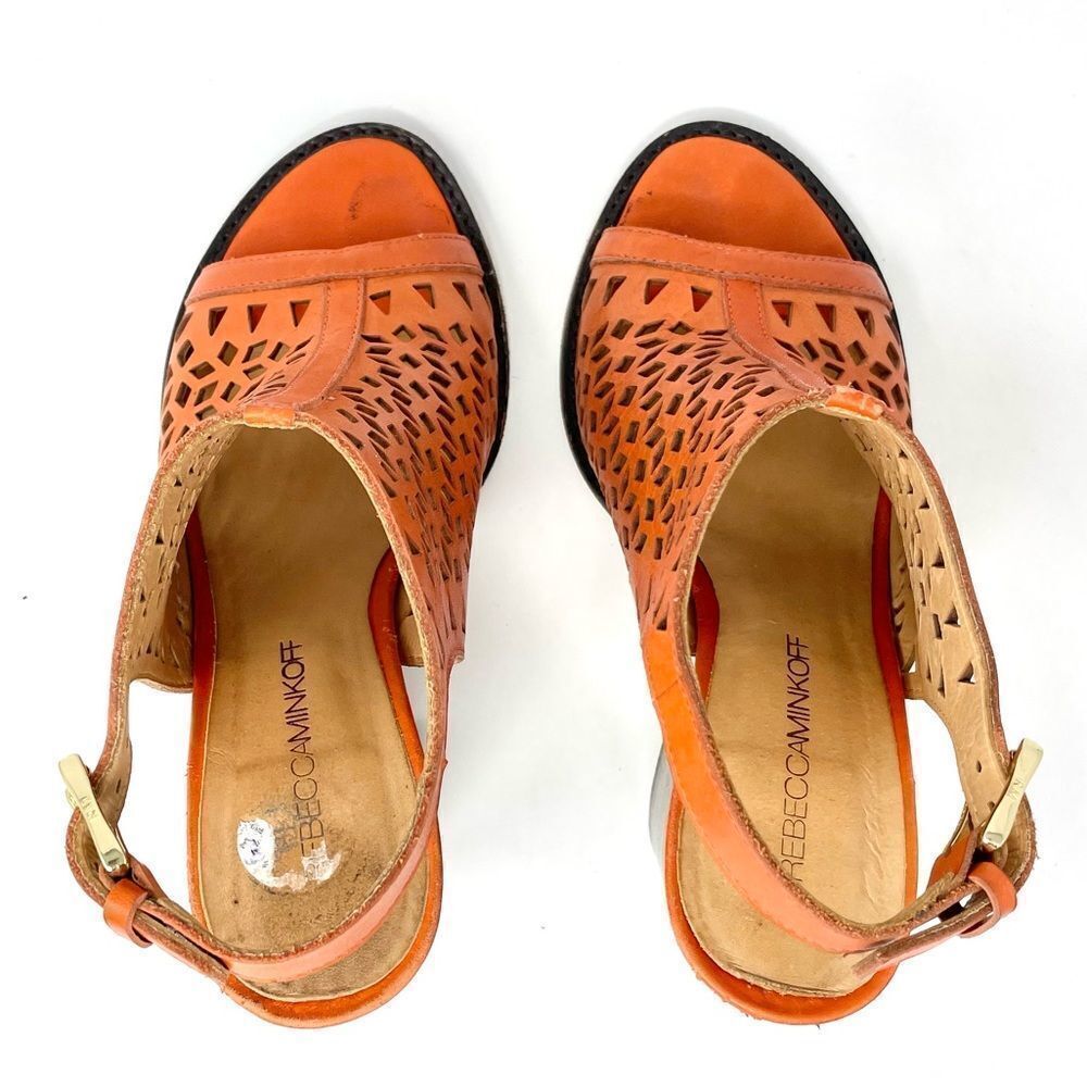 Rebecca Minkoff Laser Cut Peep Toe Orange Leather Block Heel Sandals Size 7.5 - Picture 9 of 9